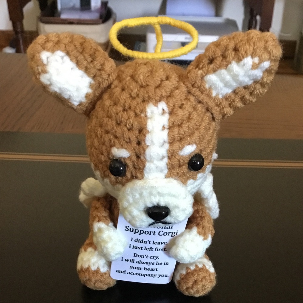 Crocheted emotional support corgi